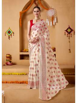 RACHNA - Ivory Organza Floral Printed Ready To Wear Saree