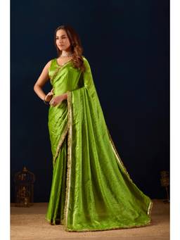 RACHNA - Green Satin Embellished Lace Work Ready To Wear Saree