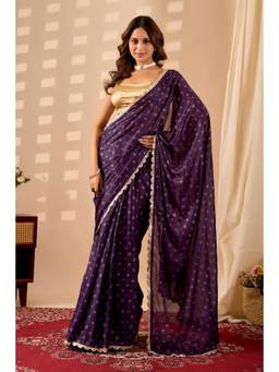 RACHNA - Purple Georgette Embroidered Lace Work Ready To Wear Saree