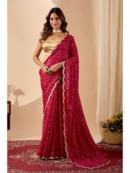 RACHNA - Red Satin Embellished Lace Work Ready To Wear Saree