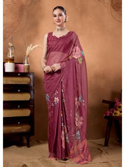RACHNA - Wine Organza Embroidered Mirror Work Ready To Wear Saree