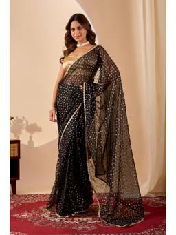 RACHNA - Black Satin Embellished Lace Work Ready To Wear Saree