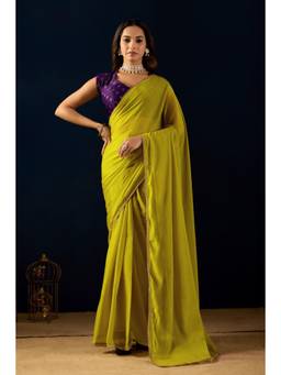 RACHNA - Green Satin Embellished Lace Work Ready To Wear Saree