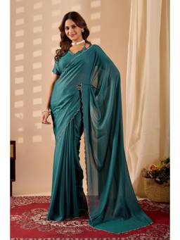 RACHNA - Green Satin Embellished Stone Border Ready To Wear Saree