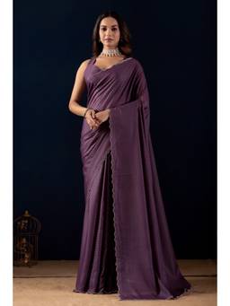 RACHNA - Purple Satin Embellished Stone Border Ready To Wear Saree