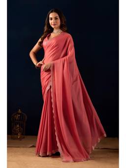 RACHNA - Coral Satin Embellished Stone Border Ready To Wear Saree