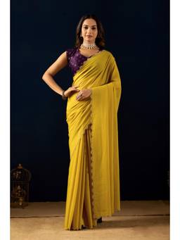 RACHNA - Yellow Satin Embellished Stone Border Ready To Wear Saree