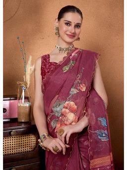 RACHNA - Wine Organza Embroidered Mirror Work Saree
