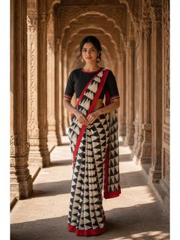 AMRUTKALA SAREES - White Linen Geometric Printed Saree