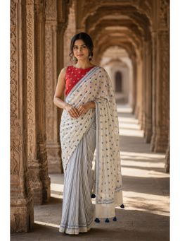 AMRUTKALA SAREES - White Linen Stripes Printed Saree
