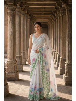 AMRUTKALA SAREES - White Linen Floral Printed Saree