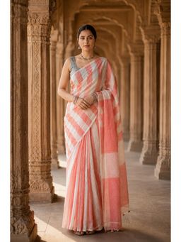 AMRUTKALA SAREES - White Linen Stripes Printed Saree