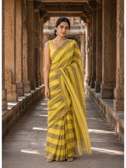 AMRUTKALA SAREES - Yellow Linen Stripes Printed Saree