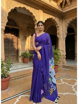 AMRUTKALA SAREES - Blue Linen Floral Printed Saree
