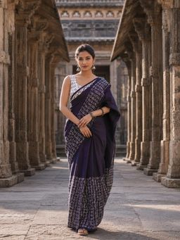 AMRUTKALA SAREES - Navy Blue Linen Typography Printed Saree