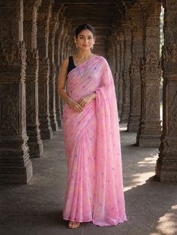 AMRUTKALA SAREES - Pink Linen Polka Dots Printed Saree