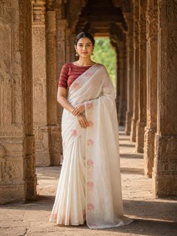 AMRUTKALA SAREES - White Linen Floral Printed Saree
