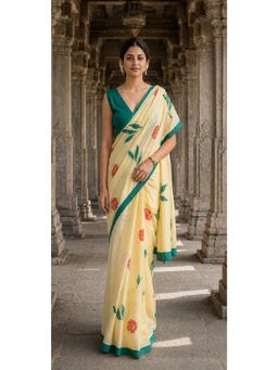 AMRUTKALA SAREES - Cream Linen Floral Printed Saree
