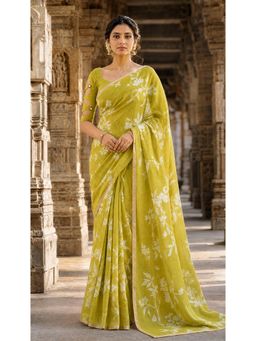 AMRUTKALA SAREES - Green Linen Floral Printed Saree