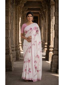 AMRUTKALA SAREES - White Linen Floral Printed Saree