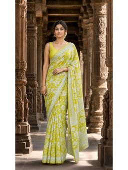 AMRUTKALA SAREES - Green Linen Floral Printed Saree