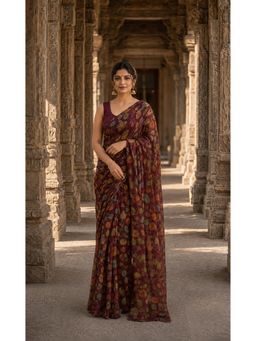 AMRUTKALA SAREES - Maroon Linen Floral Printed Saree