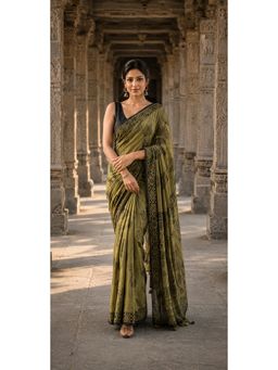 AMRUTKALA SAREES - Olive Linen Printed Saree