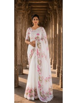 AMRUTKALA SAREES - White Linen Floral Printed Saree
