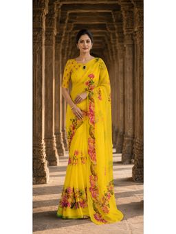 AMRUTKALA SAREES - Yellow Linen Floral Printed Saree