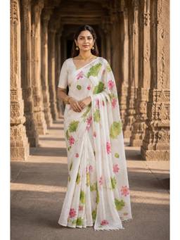 AMRUTKALA SAREES - White Linen Floral Printed Saree