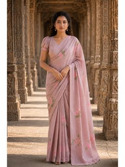 AMRUTKALA SAREES - Pink Linen Floral Printed Saree