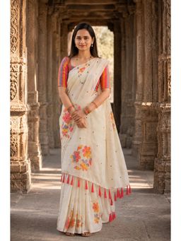 AMRUTKALA SAREES - Off White Linen Floral Printed Saree