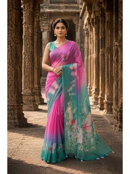 AMRUTKALA SAREES - Pink Linen Floral Printed Saree