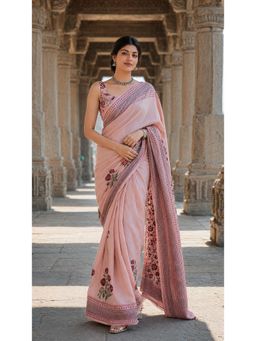 AMRUTKALA SAREES - Peach Linen Floral Printed Saree