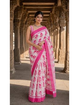 AMRUTKALA SAREES - White Linen Floral Printed Saree
