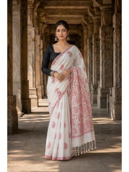 AMRUTKALA SAREES - White Linen Paisley Printed Saree