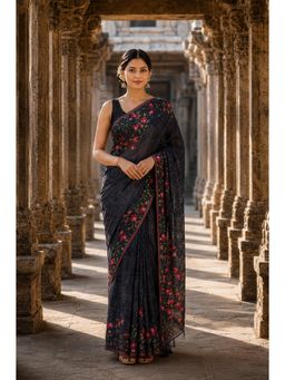 AMRUTKALA SAREES - Black Linen Floral Printed Saree