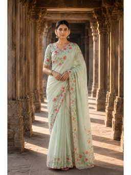 AMRUTKALA SAREES - Green Linen Floral Printed Saree