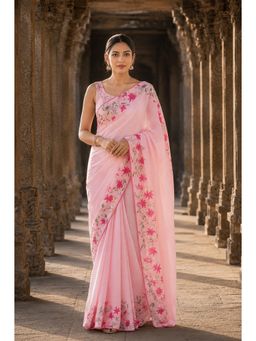 AMRUTKALA SAREES - Pink Linen Floral Printed Saree