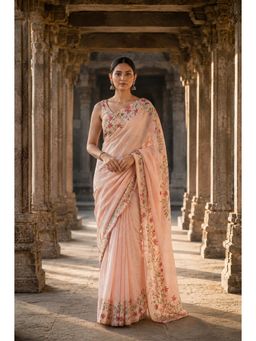 AMRUTKALA SAREES - Peach Linen Floral Printed Saree
