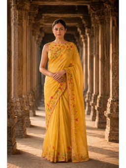 AMRUTKALA SAREES - Yellow Linen Floral Printed Saree