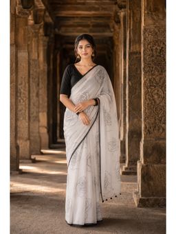 AMRUTKALA SAREES - White Linen Floral Printed Saree