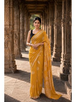 AMRUTKALA SAREES - Mustard Linen Printed Saree