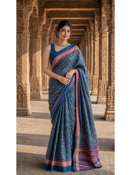 AMRUTKALA SAREES - Blue Linen Floral Printed Saree
