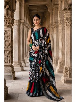 AMRUTKALA SAREES - Black Linen Floral Printed Saree