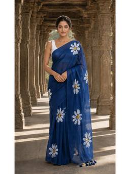 AMRUTKALA SAREES - Blue Linen Floral Printed Saree