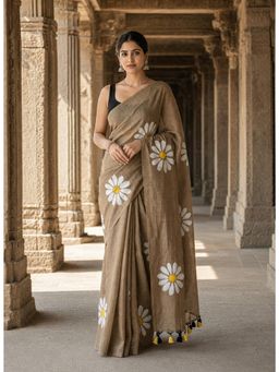 AMRUTKALA SAREES - Brown Linen Floral Printed Saree