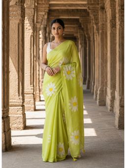 AMRUTKALA SAREES - Green Linen Floral Printed Saree