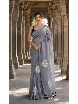AMRUTKALA SAREES - Grey Linen Floral Printed Saree