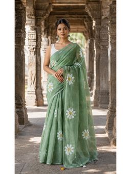 AMRUTKALA SAREES - Green Linen Floral Printed Saree